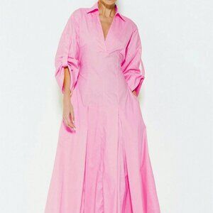 Pink Elegant Women's V-Neck Long Sleeve Maxi Dress with Flared Hem